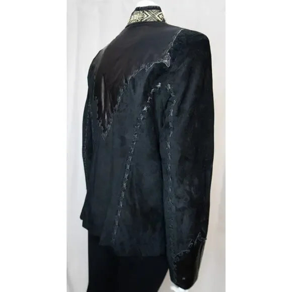 TRIBE AMERICA Women's Vintage Black Suede & Leather Beaded JacketUS 8 - Picture 6 of 14
